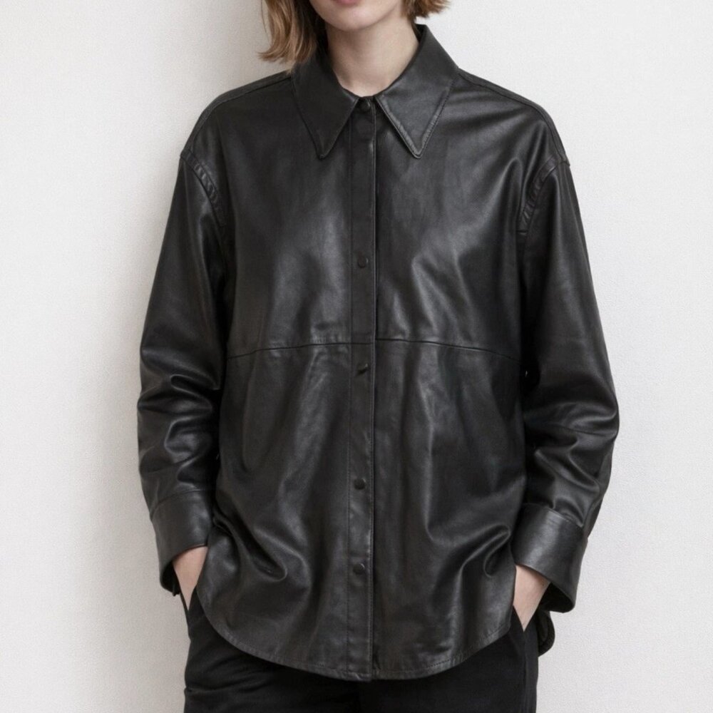& Other Stories Nappa Leather Shirt Jacket Shacket In Black Women's Size US 6